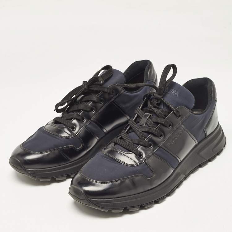 Pre Owned Prada Black/Navy Blue  Leather and Nylon Low Top Sneakers Size 44.5