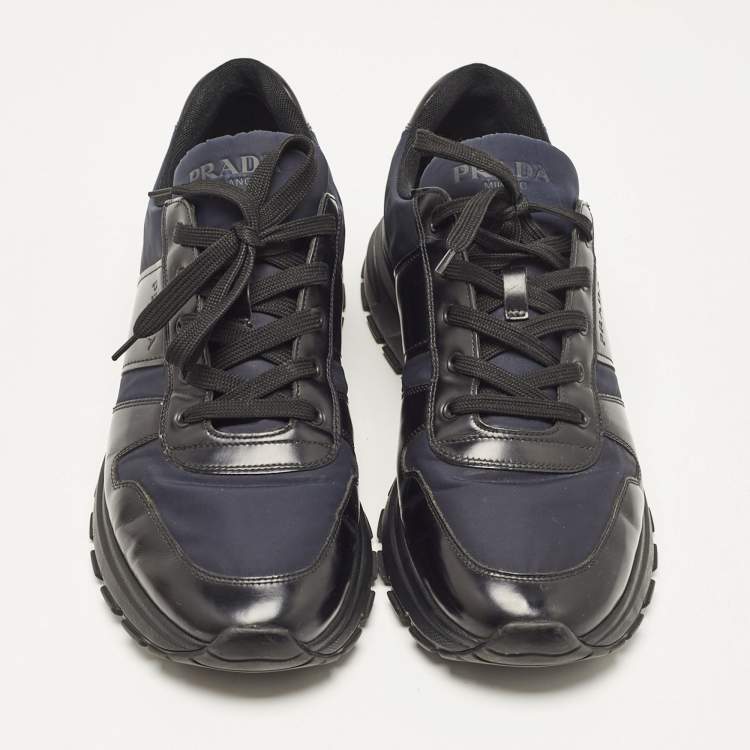 Pre Owned Prada Black/Navy Blue  Leather and Nylon Low Top Sneakers Size 44.5