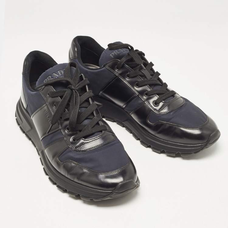 Pre Owned Prada Black/Navy Blue  Leather and Nylon Low Top Sneakers Size 44.5