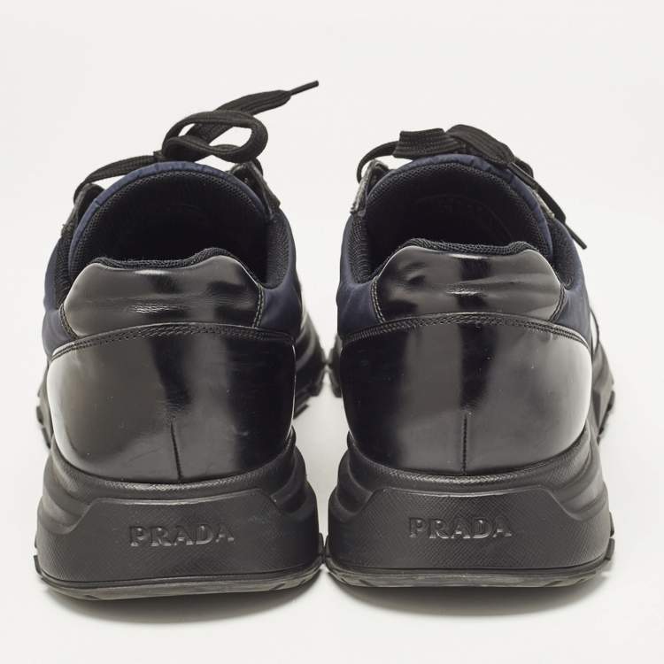 Pre Owned Prada Black/Navy Blue  Leather and Nylon Low Top Sneakers Size 44.5