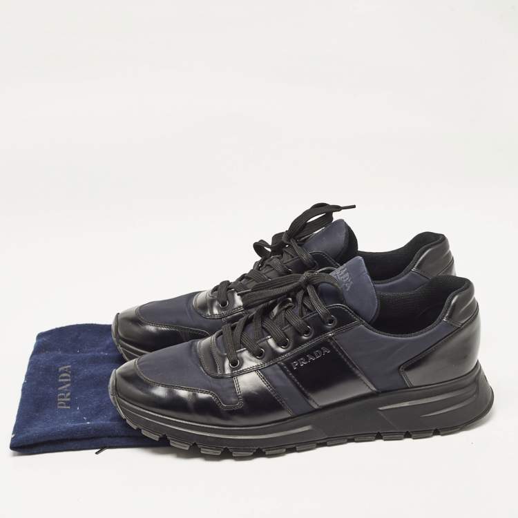 Pre Owned Prada Black/Navy Blue  Leather and Nylon Low Top Sneakers Size 44.5