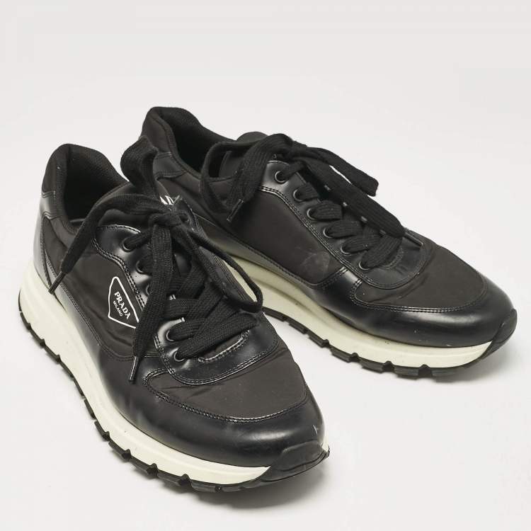 Pre Owned Prada Black Leather and Nylon Low Trainer Sneakers Size 45.5