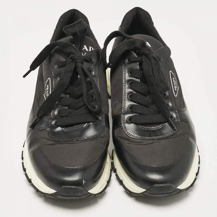 Pre Owned Prada Black Leather and Nylon Low Trainer Sneakers Size 45.5