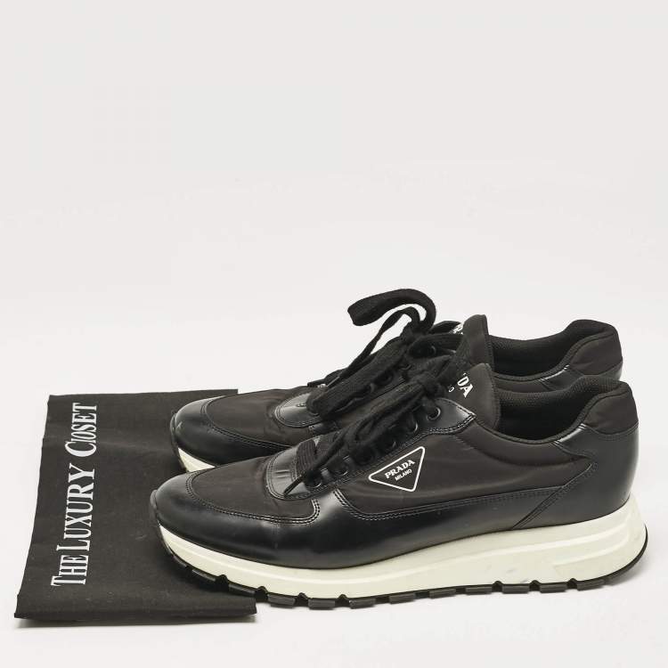 Pre Owned Prada Black Leather and Nylon Low Trainer Sneakers Size 45.5