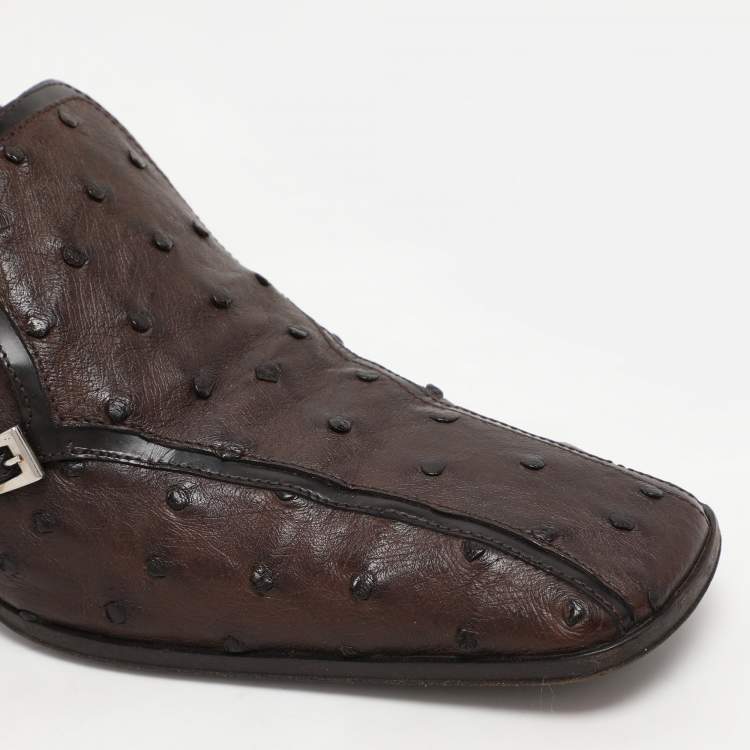 Pre Owned Prada Brown Ostrich Leather Belted Loafers Size 40.5