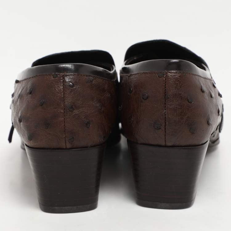 Pre Owned Prada Brown Ostrich Leather Belted Loafers Size 40.5