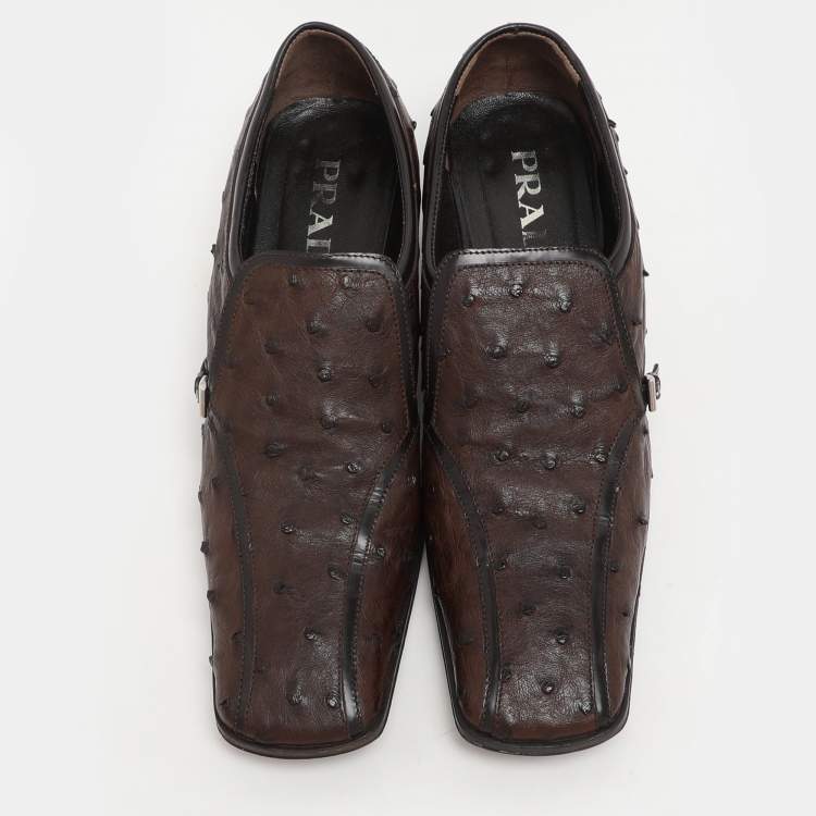 Pre Owned Prada Brown Ostrich Leather Belted Loafers Size 40.5