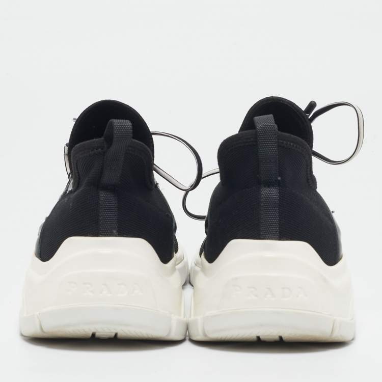 Pre Owned Prada Black/White Knit Fabric Logo Sneakers Size 39