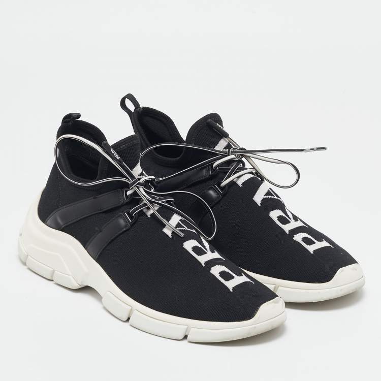 Pre Owned Prada Black/White Knit Fabric Logo Sneakers Size 39