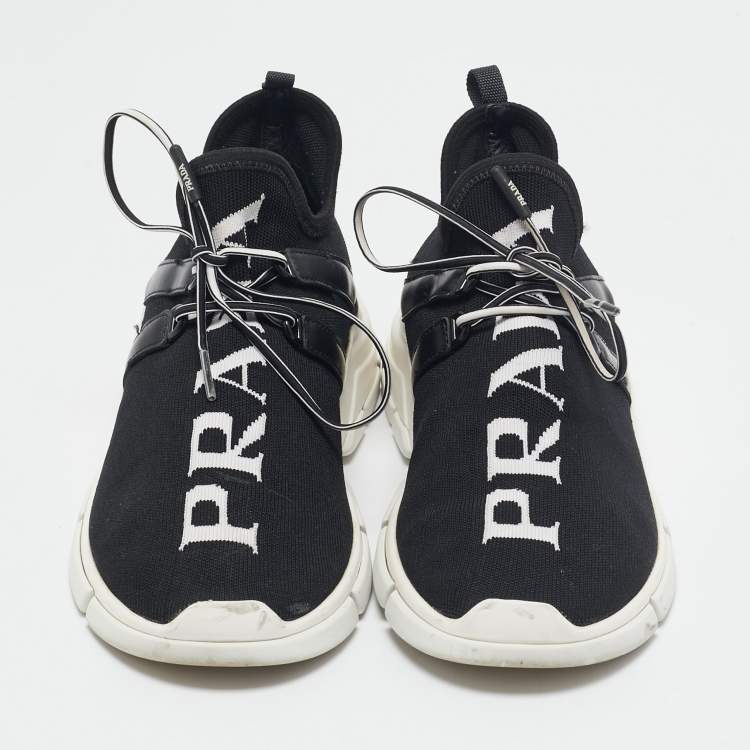 Pre Owned Prada Black/White Knit Fabric Logo Sneakers Size 39