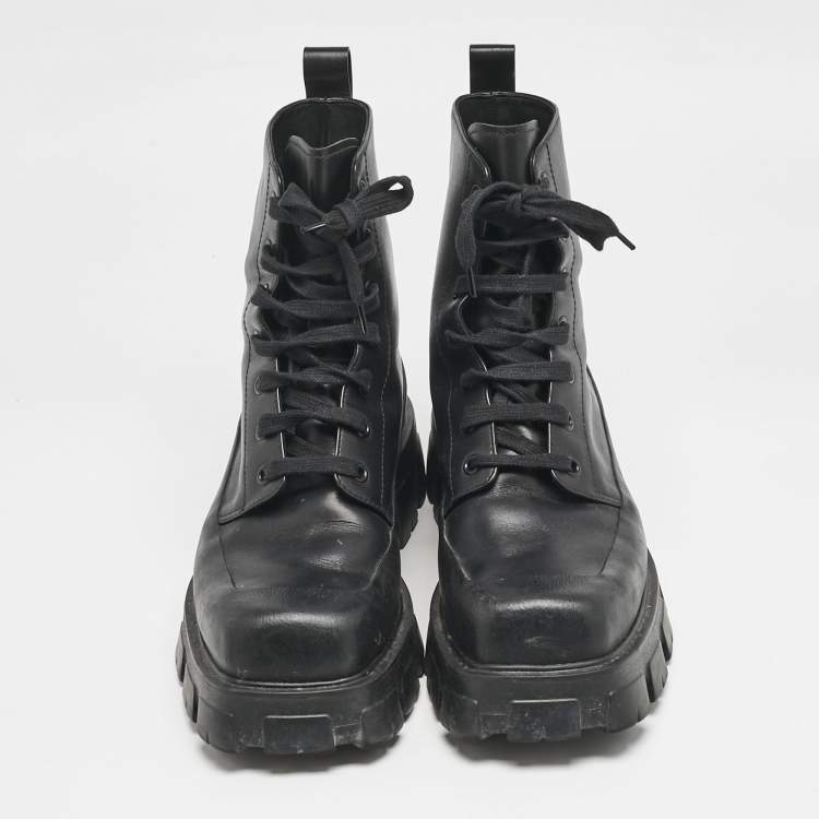 Pre Owned Prada Black Leather Lace Up Combat Boots Size 45