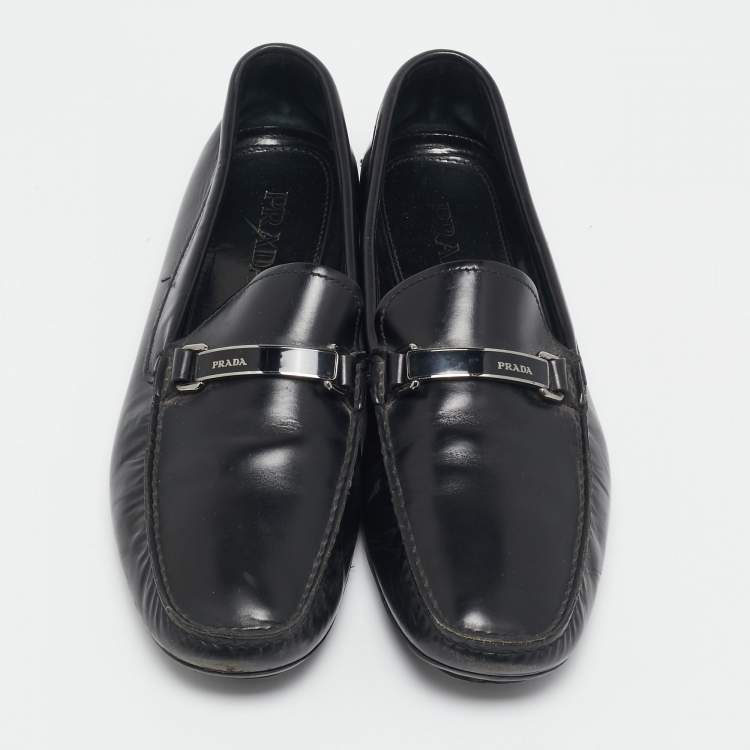 Pre Owned Prada Black Leather Slip On Loafers Size 43