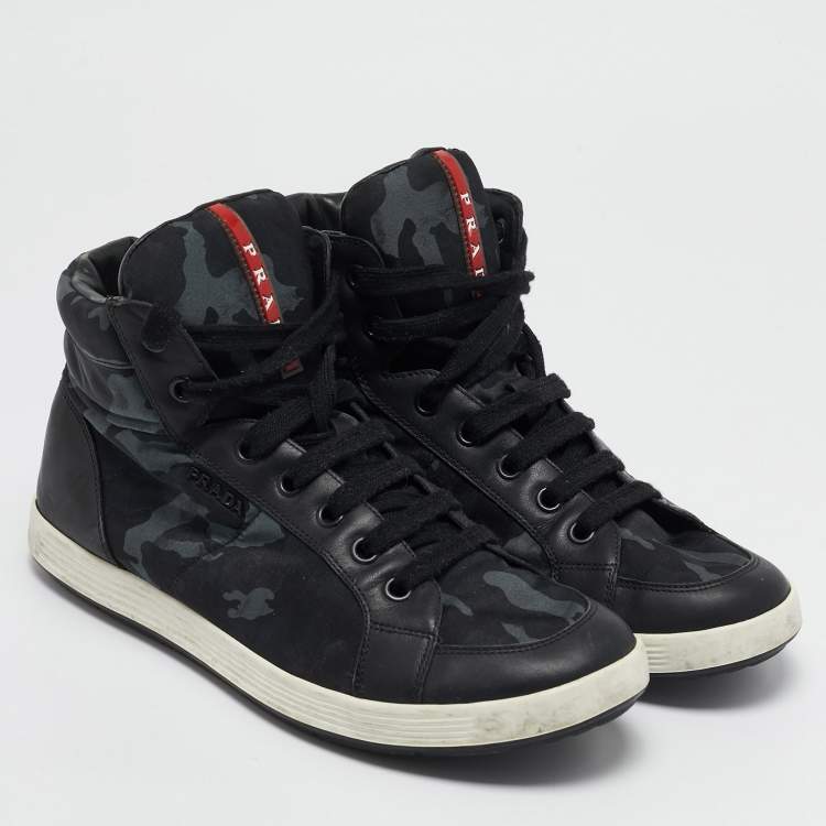 Pre Owned Prada Tricolor Leather And Fabric Camouflage High Top Sneakers Size 44