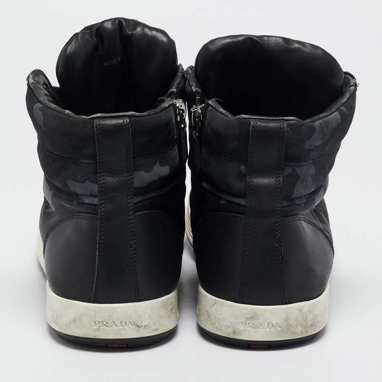 Pre Owned Prada Tricolor Leather And Fabric Camouflage High Top Sneakers Size 44