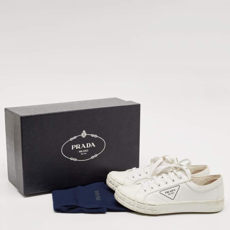 Pre Owned Prada White Leather Cassetta Wheel Sneakers Size 40.5