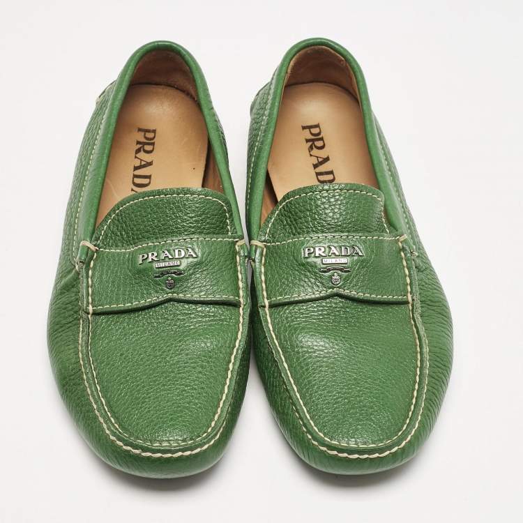 Pre Owned Prada Green Leather Logo Slip On Loafers Size 40