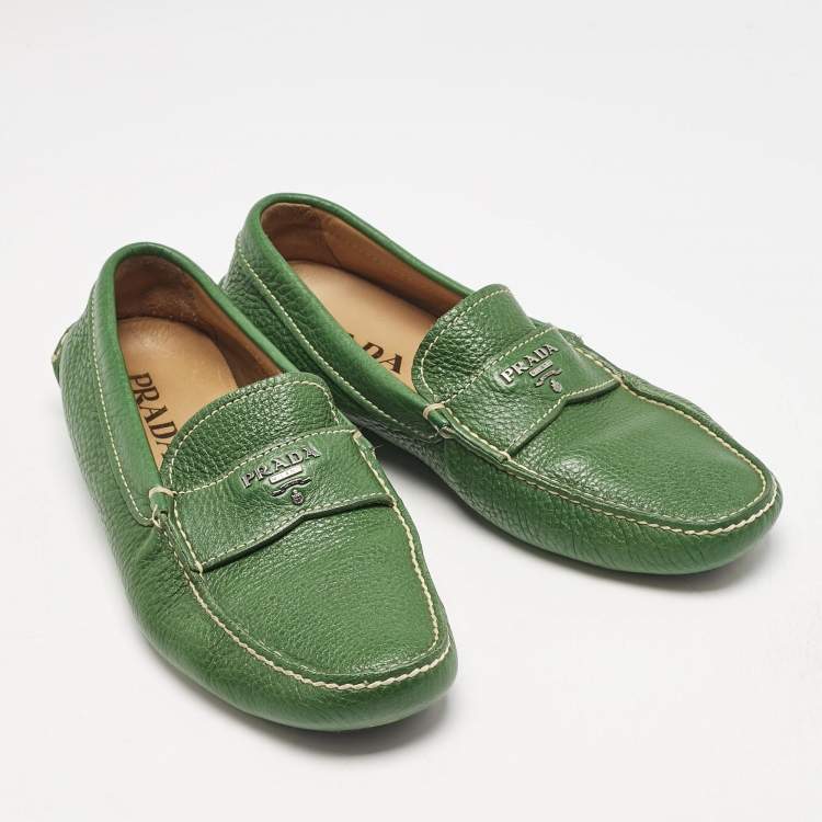 Pre Owned Prada Green Leather Logo Slip On Loafers Size 40