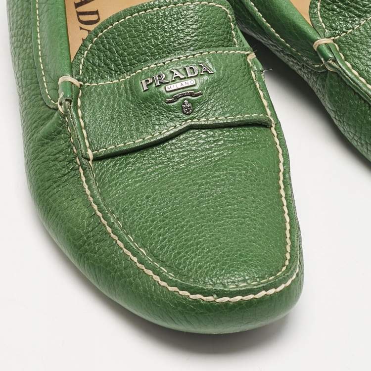 Pre Owned Prada Green Leather Logo Slip On Loafers Size 40