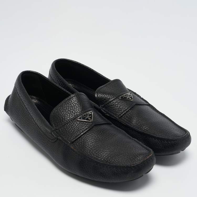 Pre Owned Prada Black Leather Triangle Logo Driver Slip On Loafers Size 43.5