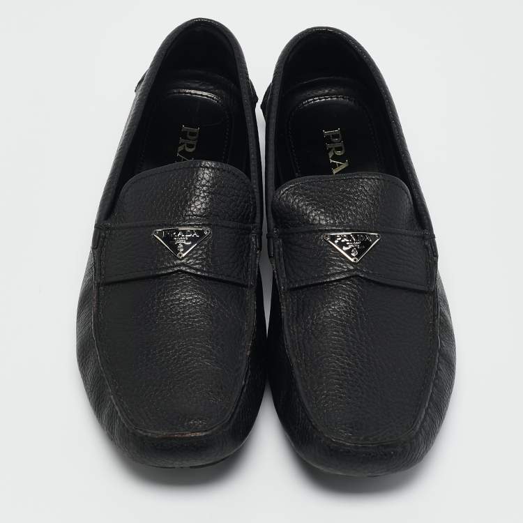 Pre Owned Prada Black Leather Triangle Logo Driver Slip On Loafers Size 43.5