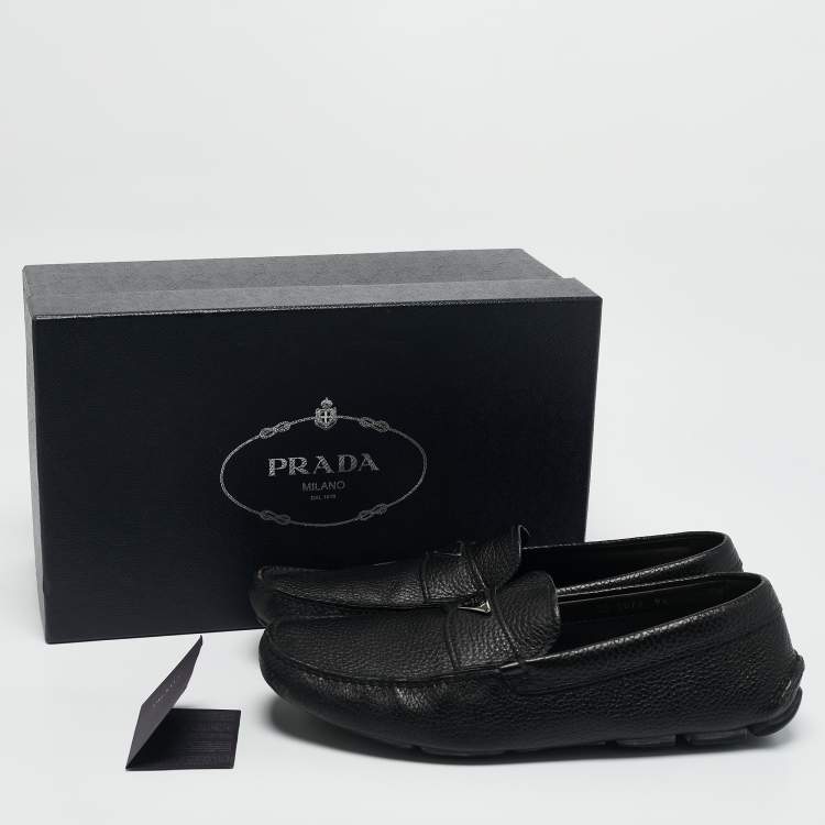 Pre Owned Prada Black Leather Triangle Logo Driver Slip On Loafers Size 43.5
