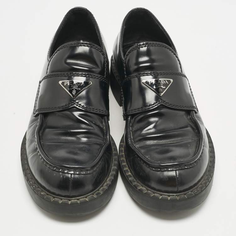 Pre Owned Prada Black Brushed Leather Logo Loafers Size 42