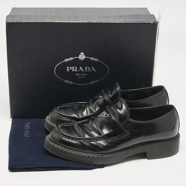 Pre Owned Prada Black Brushed Leather Logo Loafers Size 42