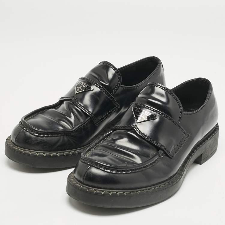 Pre Owned Prada Black Brushed Leather Logo Loafers Size 42