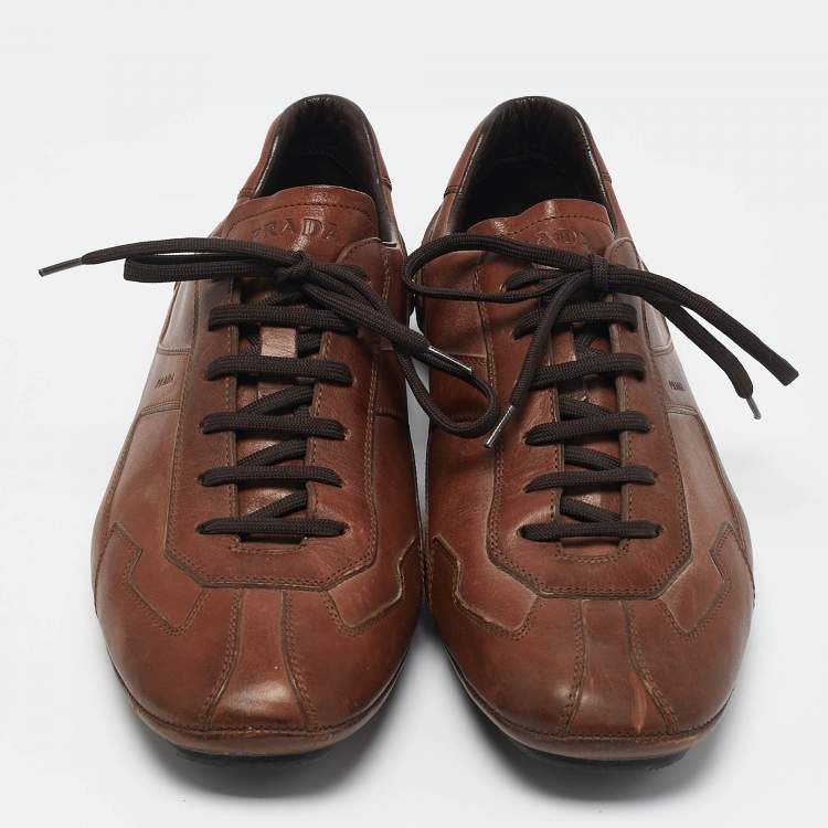 Pre Owned Prada Brown Leather Lace Up Sneakers Size 44