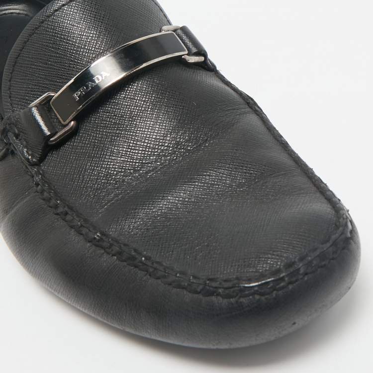 Pre Owned Prada Black Leather Slip On Loafers Size 41.5