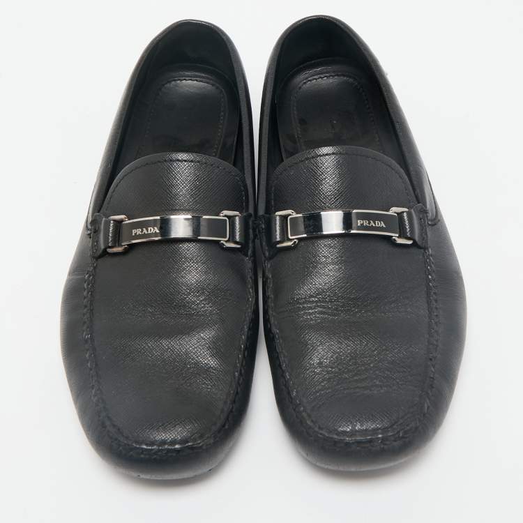 Pre Owned Prada Black Leather Slip On Loafers Size 41.5