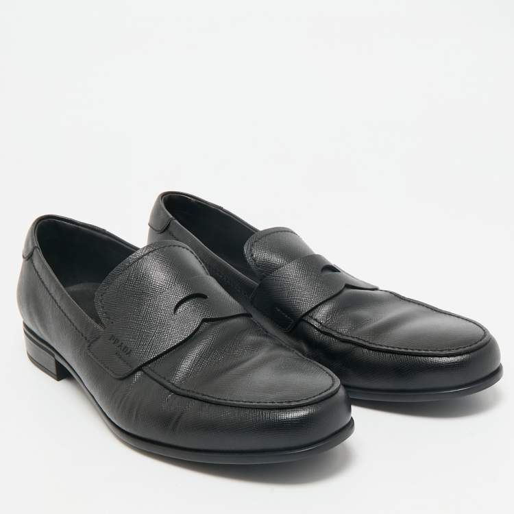 Pre Owned Prada Black Saffiano Leather Slip On Loafers Size 43