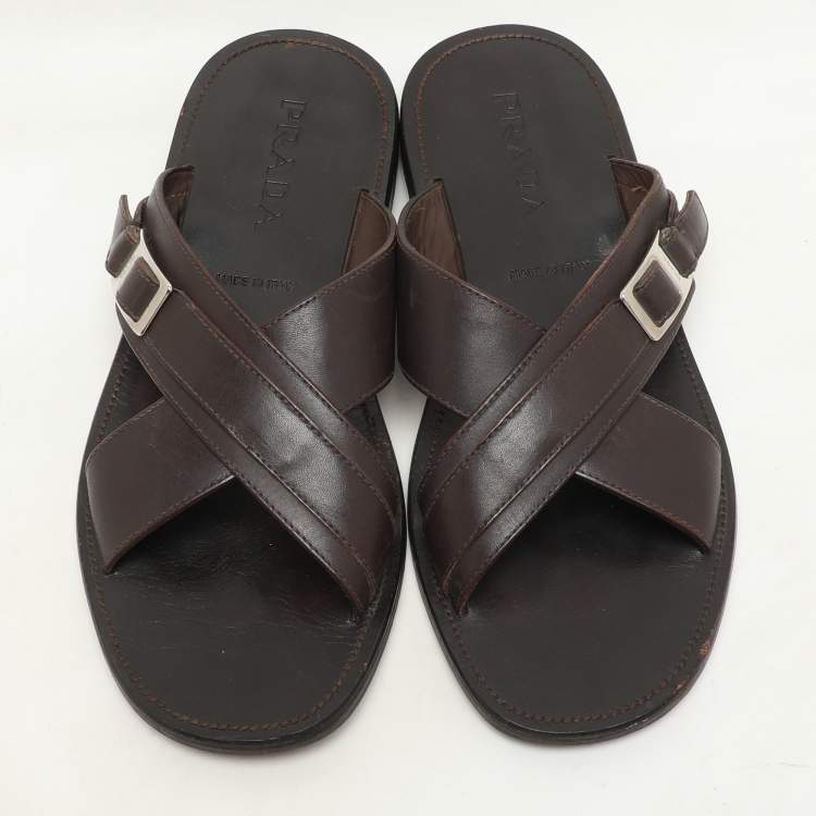 Pre Owned Prada Brown Leather Crisscross Slide Sandals Size 43.5