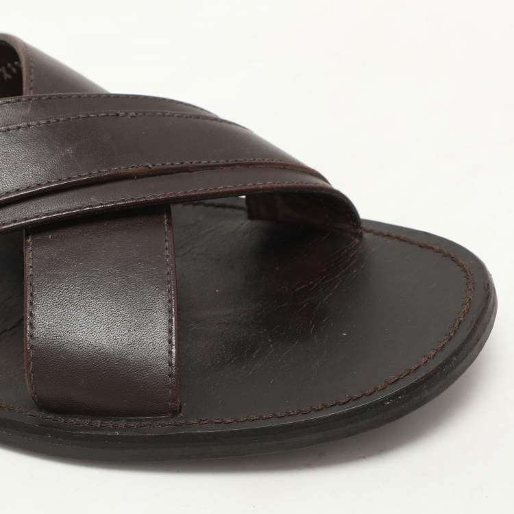 Pre Owned Prada Brown Leather Crisscross Slide Sandals Size 43.5