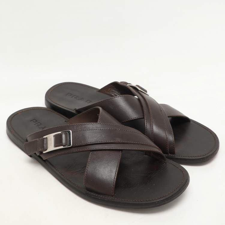 Pre Owned Prada Brown Leather Crisscross Slide Sandals Size 43.5