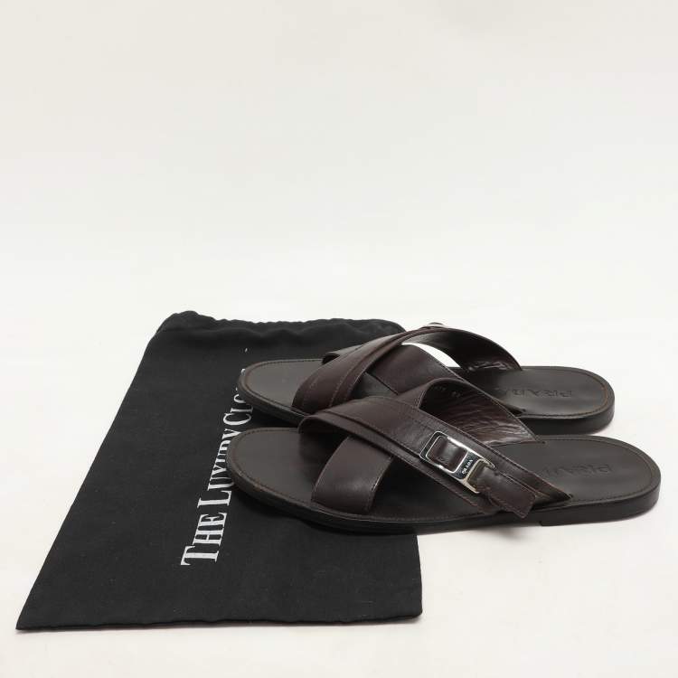 Pre Owned Prada Brown Leather Crisscross Slide Sandals Size 43.5