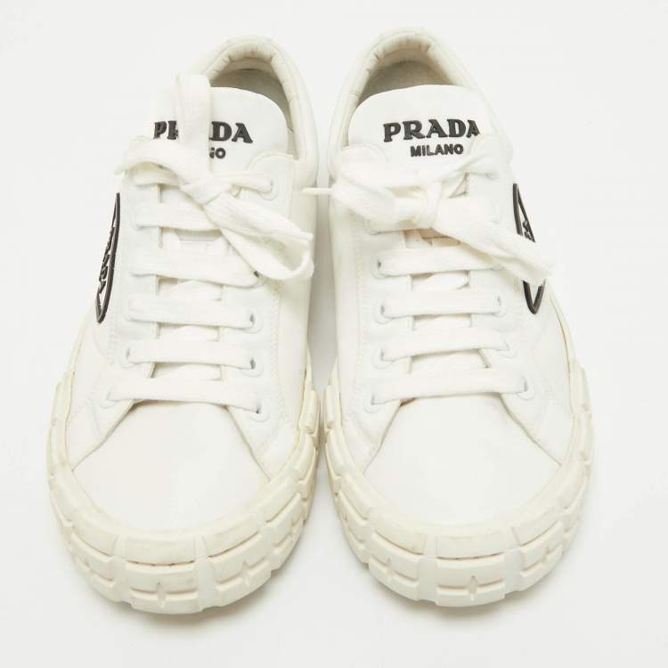 مملوكة مسبقًا Prada White Nylon Double Wheel Lace Up Sneakers Size 41