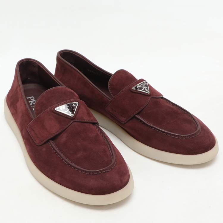 Pre Owned Prada Burgundy Suede Logo Loafers Size 39.5