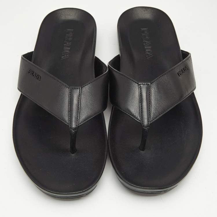Pre Owned Prada Black Leather Thong Flat Sandals Size 46