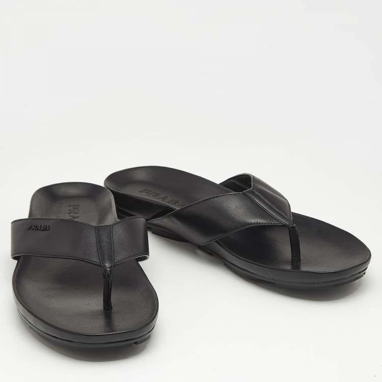 Pre Owned Prada Black Leather Thong Flat Sandals Size 46