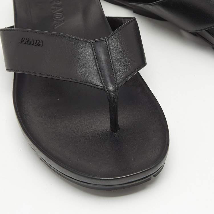 Pre Owned Prada Black Leather Thong Flat Sandals Size 46