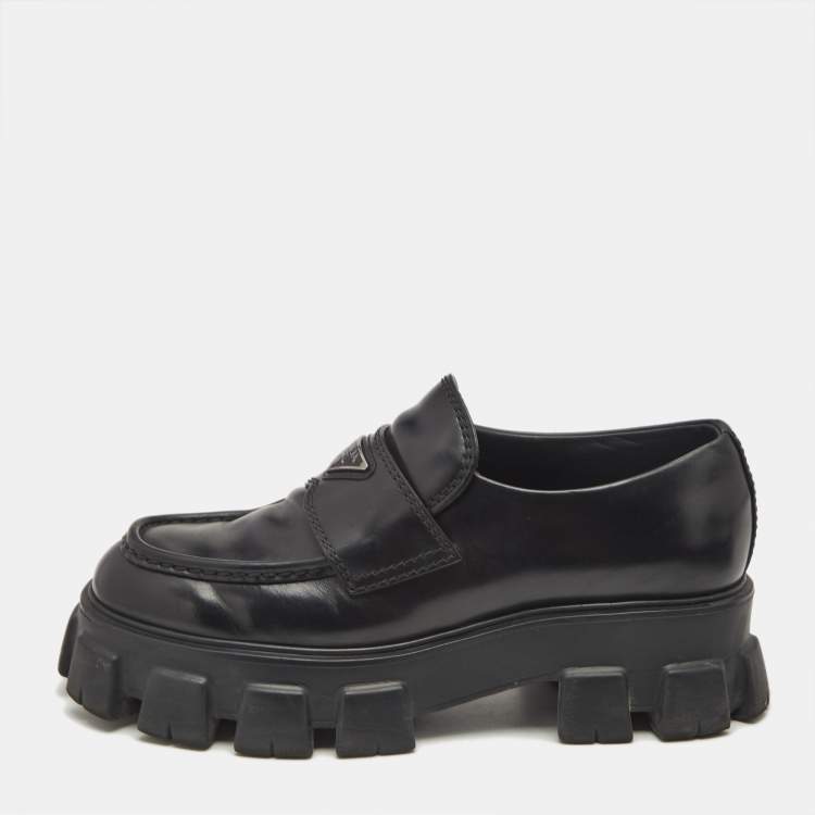 Pre Owned Prada Black Brushed Leather Monolith Loafers Size 42