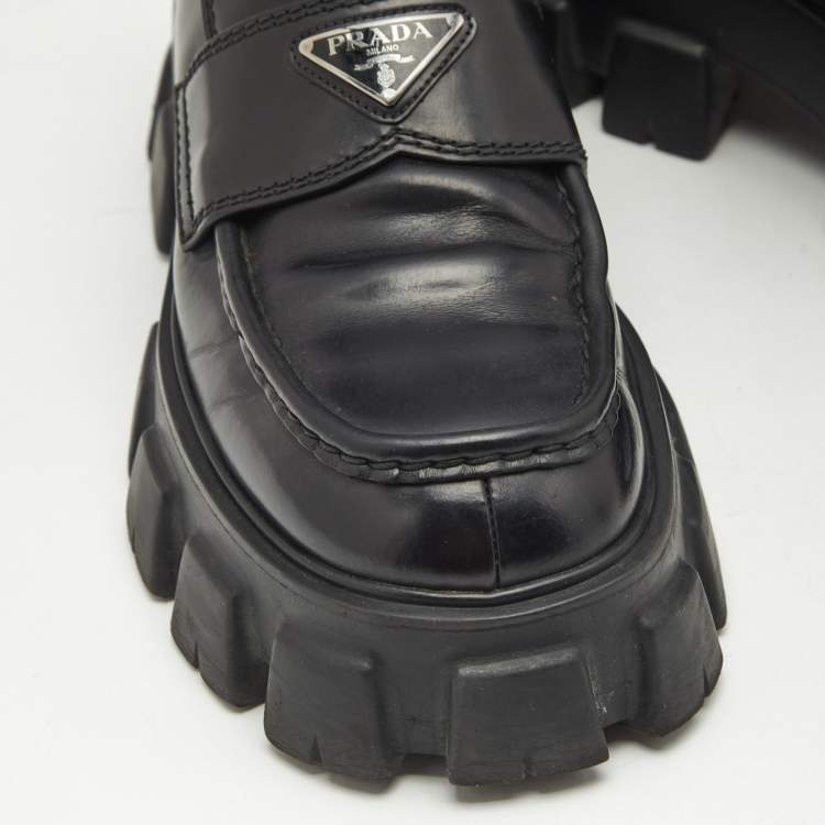 Pre Owned Prada Black Brushed Leather Monolith Loafers Size 42