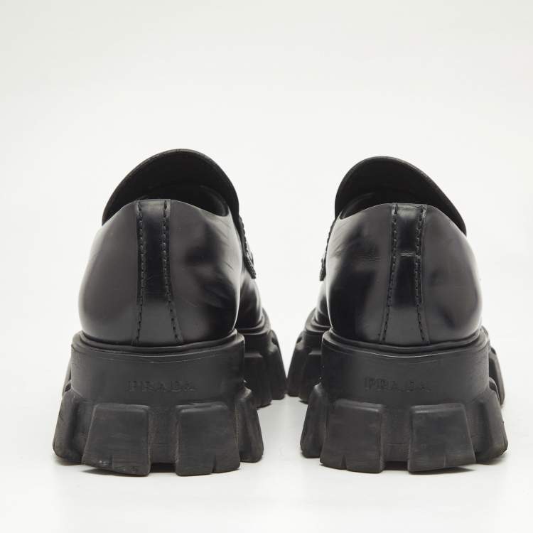 Pre Owned Prada Black Brushed Leather Monolith Loafers Size 42