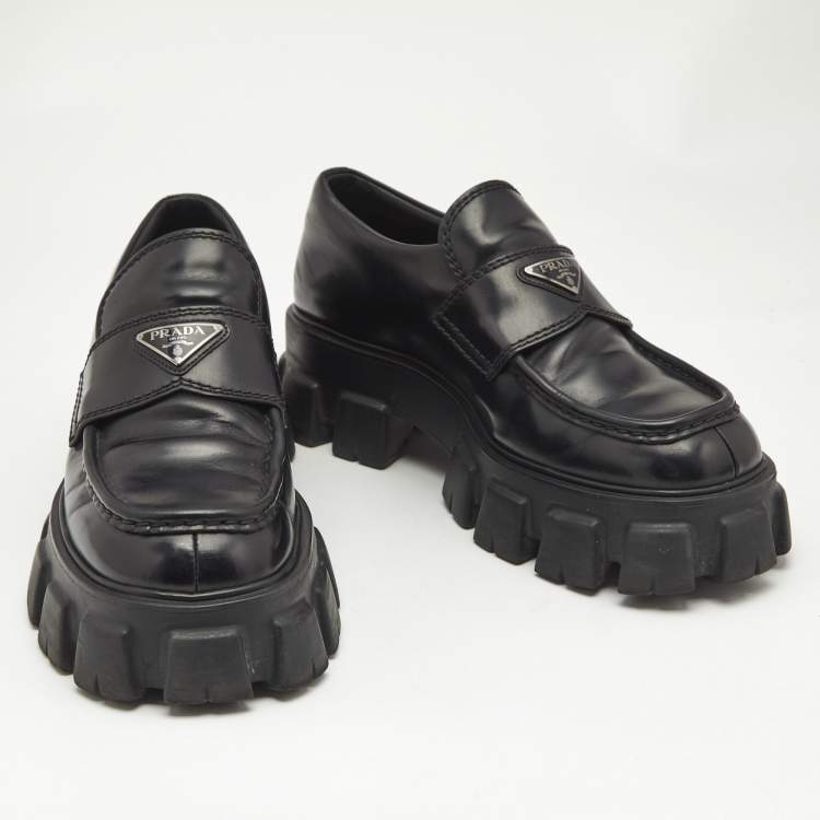Pre Owned Prada Black Brushed Leather Monolith Loafers Size 42