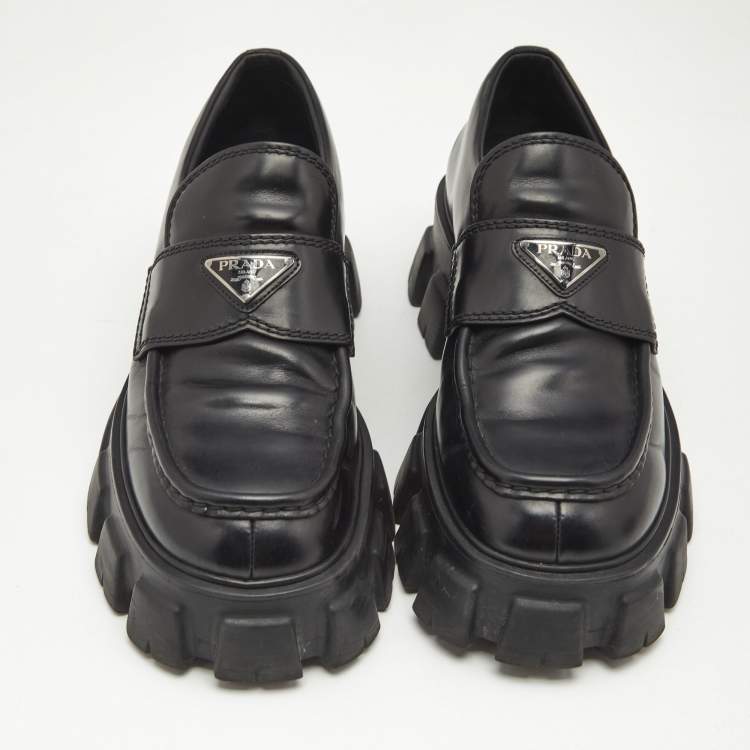 Pre Owned Prada Black Brushed Leather Monolith Loafers Size 42