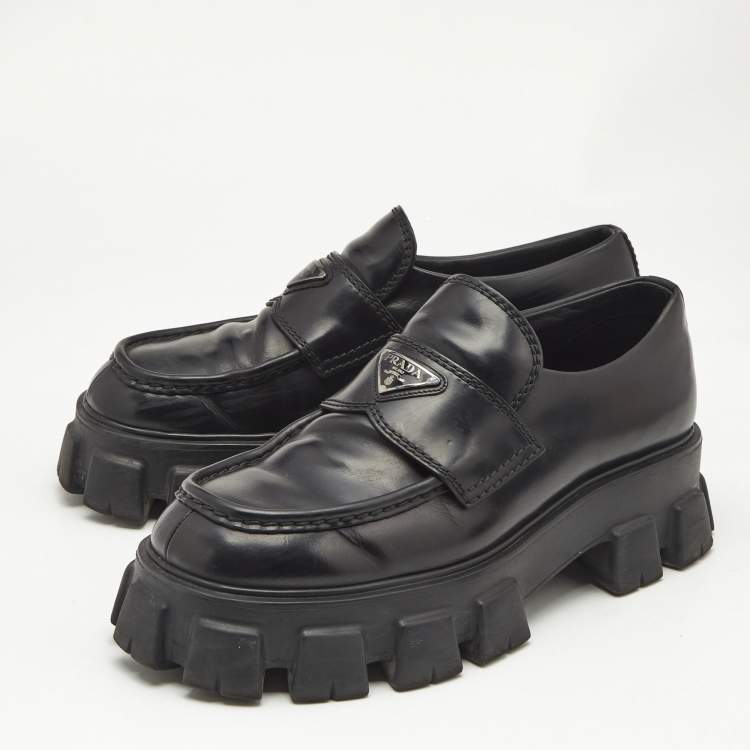 Pre Owned Prada Black Brushed Leather Monolith Loafers Size 42