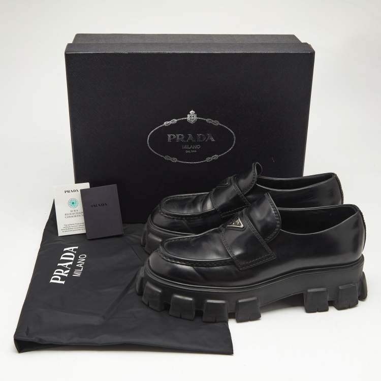 Pre Owned Prada Black Brushed Leather Monolith Loafers Size 42