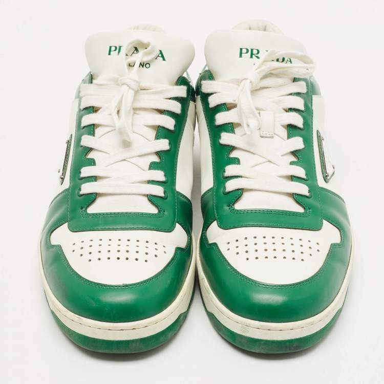 Pre Owned Prada White/Green Leather Downtown Low Top Sneakers Size 45