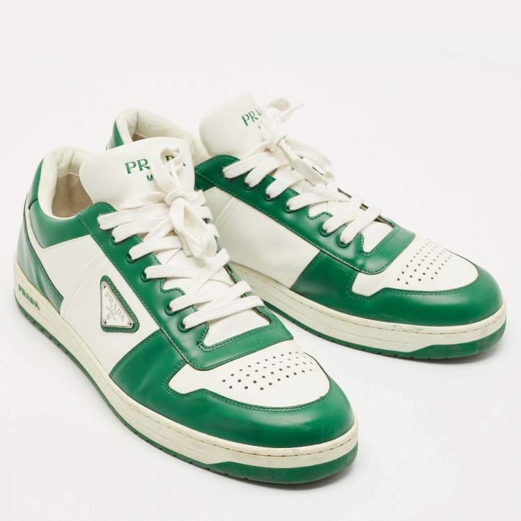 Pre Owned Prada White/Green Leather Downtown Low Top Sneakers Size 45